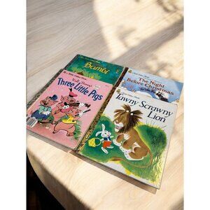 Lot of 4 vintage Golden Books Bambi, 3 Little Pigs, Tawny Scrawny Lion, Night Be